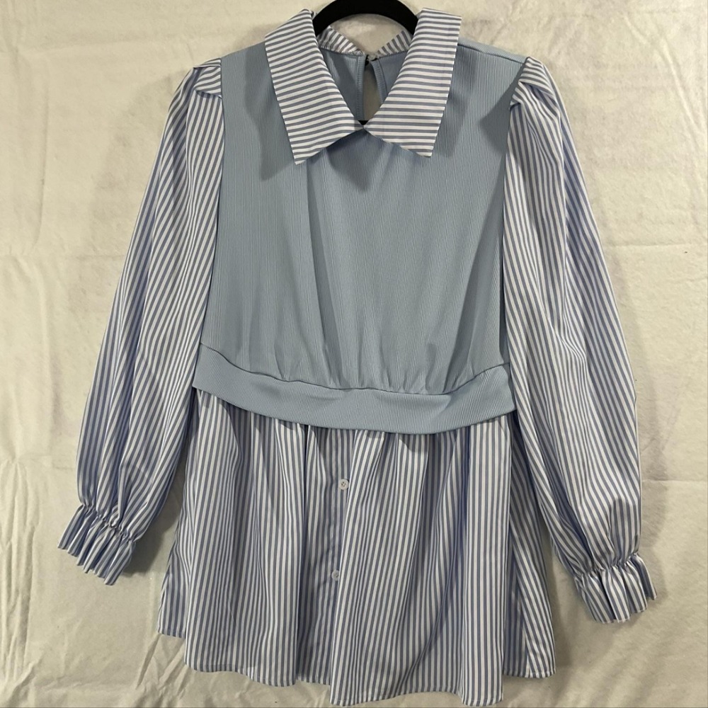 Shein Blouse Womens 1XL Blue Striped Collared Puff Sleeve Tunic Top Plus Size - Picture 1 of 9